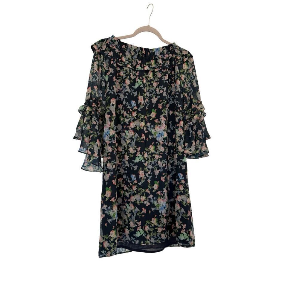 NWT Sara Campbell Womens Navy Off Shoulder Floral Chiffon Shift Dress Size Large